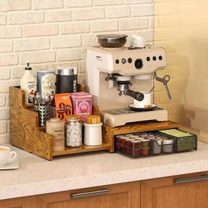 Wooden Coffee Bar Storage Rack 3 Tier <b>Desktop</b> Organizer For Kitchen Multi Layer Spice <b>Shelf</b> With Drawer - Product Image 1