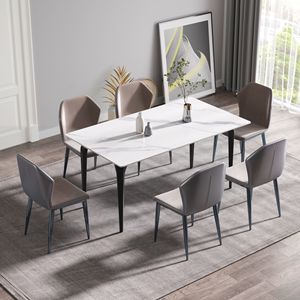 Modern 63\" Artificial Stone <b>Dining</b> <b>Table</b> with White Straight and Black Metal Leg for 6 People - Product Image 2