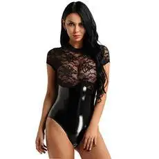 Nuovi arrivi body per sesso donna erotico lingeriePatent body in pelle nero pizzo trasparente