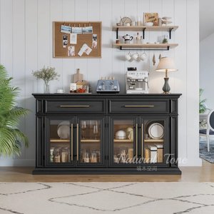 Credenza in Legno Massello Stile Americano e Francese, Mobile Porta Vini con Cassetti per <span class=keywords><strong>Soggiorno</strong></span>, Sala da Pranzo e TV - Product Image 1