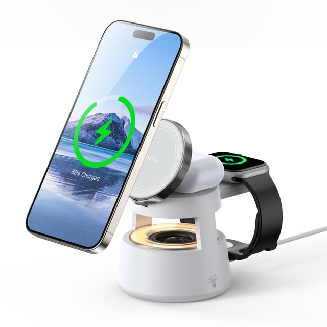 Multifunction Wireless Charger Stand 15W Fast Charging Station with Speaker LED Night Light Phone Holder for Desk
