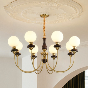 Lámpara Colgante LED de Estilo Retro Americano, de Nogal y Latón, con Globos de Vidrio Opal, Altura Ajustable, para Sala de Estar - Product Image 1