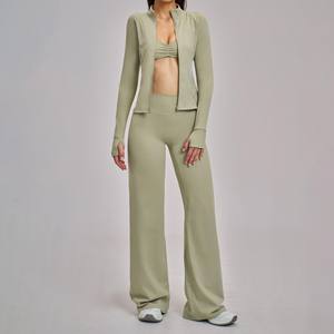 YIYI Ensemble de sport 3 pièces pour <span class=keywords><strong>femme</strong></span>, col montant, coupe ajustée, pour fitness et yoga, avec pantalon évasé taille haute effet push-up et veste - Product Image 4