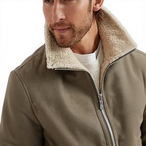 Olive Green Genuine <b>Leather</b> <b>Long</b> Canvas <b>Jacket</b> Men Plush Cotton Lining Stand Full Zipper Closure Trendy Design Winter Fashion - Product Image 1