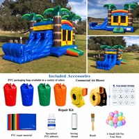 Structure gonflable combinée palmier tropical avec double toboggan et trampoline, pour usage sec ou aquatique, idéale pour les fêtes en extérieur et la location commerciale