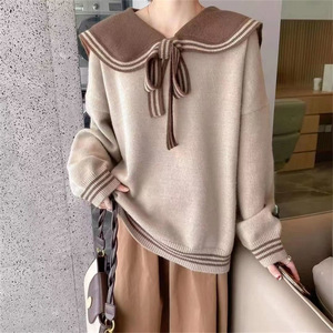 2023 otoño moda niñas cuello Naval linterna manga tamaño libre <span class=keywords><strong>marinero</strong></span> arco Collar Cable tejido mujeres suéter - Product Image 2