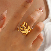 Cincin Daun Baja Anti Karat Lapis Emas 18K Gaya Eropa dan Amerika, Cincin Daun Titanium Baja Tebal dan Besar