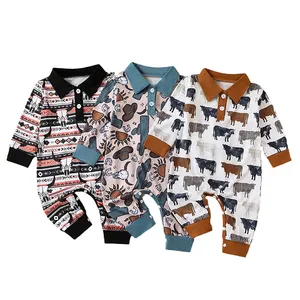 Long sleeve polo shirts bodysuit rompers bull print western infant baby boy rompers