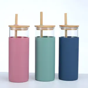 New 500ml 600ml High Borosilicate Glass Transparent Silicone Sleeve Bamboo Straw Lid Skinny Glass Tumbler With Wood lid straw