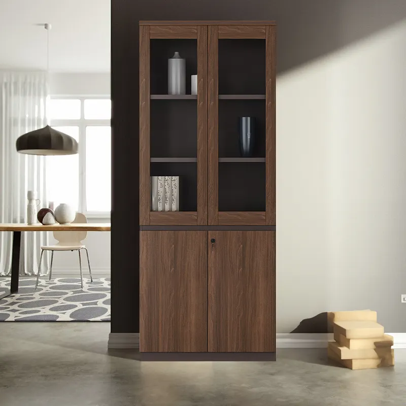 Présentoir de rangement Bibliothèque en bois Verre Grand espace Classeur en bois 2 portes Cadre en bois + étagère de rangement haute en verre