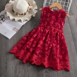 Vestidos bordados para meninas, vestidos de renda para meninas, sem mangas, gola redonda, roupas de festa e casamento para meninas, vestido para verão