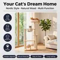Arbre à chat en bois massif 52 pouces |   Poteaux en sisal, nid rembourré, pont balançoire et boule en sisal |   Tour pour chat d'intérieur à plusieurs niveaux, vente en gros OEM