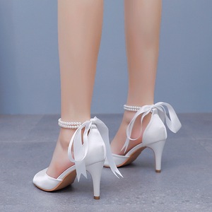 8cm Peep-Toe tacón fino marfil blanco satén con cuentas cinta zapatos de boda para novia - Product Image 4