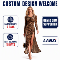 Robe de soirée moulante en velours à imprimé léopard personnalisé pour femme, manches longues, col drapé froncé, fente haute