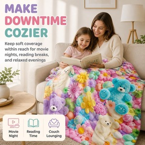 Couverture en peluche douillette Kawaii avec des ours et des fleurs de dessin animé, jeté doux en Raschel pour le confort à la maison - Product Image 4