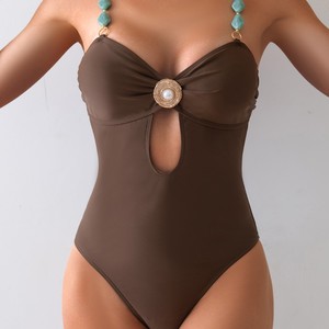 Nuevo Traje de Baño de una Pieza de Color Sólido, Estilo Popular con Cuentas, para Playa y Aguas Termales Huludao - Product Image 1