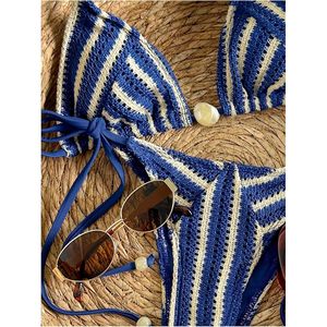 FOXA Ensemble bikini rayé pour femme, maillot de bain 2 pièces en crochet, triangle, dos nu, à nouer sur les côtés, extensible, pour la plage - Product Image 2