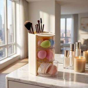 Organisateur de maquillage rotatif à 3 niveaux, boîte de rangement cosmétique anti-poussière en PP, tiroir pour pinceaux, houppettes et outils de beauté - Product Image 6