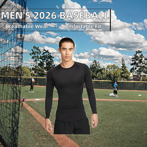 Chemise de sport pour homme, noire, manches longues, col rond, coupe ajustée, respirante, anti-transpiration, séchage rapide, polyester, toutes saisons - Product Image 2