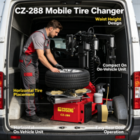 Changeur de pneus mobile pour réparation routière, installé dans un fourgon de service, indispensable pour les travaux d'entretien des pneus de voiture sur site