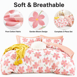 Parure de lit en coton Garden Bloom motif floral rose et vichy pêche, en stock en Pologne, pour la vente en gros et le dropshipping UE, 3 pièces - Product Image 2