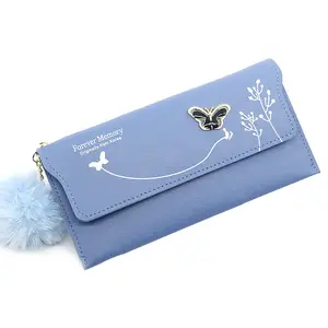 Fashionable Women Long Wallets Pure Color Wool Ball Bow Clutch Bag Women's Long Bag Card Bag Coin Purse