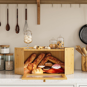 Bamboo Bread Box Rectangle With Glass Door Freshness Preservation <b>Kitchen</b> Storage For Bread And Pastries - Product Image 2