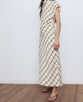 Robe longue d'été pour femme à carreaux diagonaux, taille froncée, manches courtes, col rond, décontractée et élégante, vente en gros