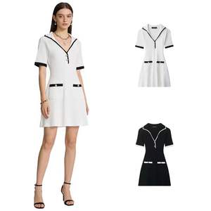 Vestido de punto acanalado con botones metálicos, estilo europeo americano, cuello en V, manga corta, largo hasta la rodilla, ajuste holgado y transpirable, novedad de primavera. - Product Image 1