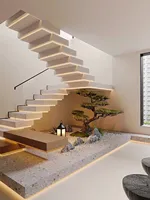 Escaliers flottants modernes en verre avec marches en bois massif, éclairage LED intégré et poutre invisible