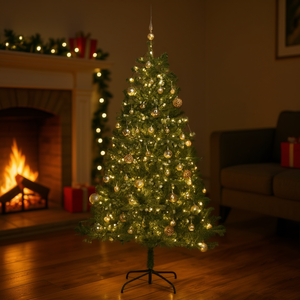 Árbol de Navidad Artificial de 59.1 Pulgadas con Bisagras y 150 Luces LED Blancas Cálidas, Base Decorativa para Interiores, Árbol de Plástico Verde - Product Image 2