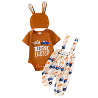Tenue de Pâques pour bébé, ensemble 3 pièces, body à manches courtes, pantalon à bretelles imprimé avec chapeau à oreilles de lapin, Costume de Pâques pour bébé garçon