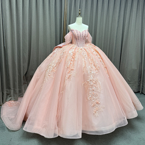 Vestido de Noche Largo hasta el Suelo con Perlas de Satén y Cola Lateral para Boda, Fiesta, Baile de Graduación, Temporada de Verano, con Decoración de Encaje y Cintura Natural, Quinceañera - Product Image 2