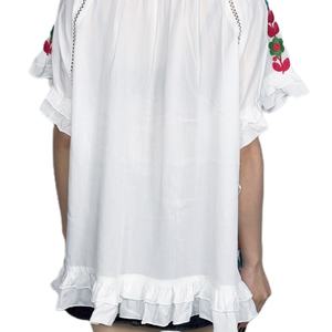 Chemisier blanc ample en coton et lin à manches courtes brodé de fleurs pour femme - Collection été OEM - Product Image 2