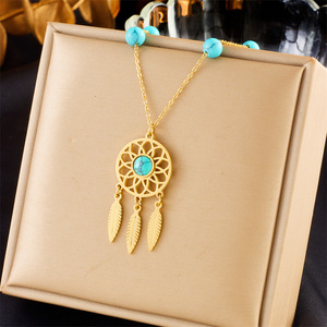 Dreamcatcher Pendant Necklace Turquoise Beaded Gold Chain Feather Charm Boho Style Gift Jewelry - Product Image 1