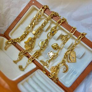 Cadena cubana clásica de acero inoxidable sin deslustre con incrustaciones de circón ojo estrella corazón <span class=keywords><strong>Tarot</strong></span> tarjeta encanto colgante pulsera conjunto - Product Image 1