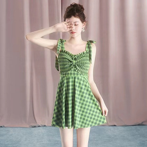 Maillot de bain une pièce pour femmes, vert à carreaux, col à volants, couvrant le ventre, amincissant, pour les vacances - Product Image 1