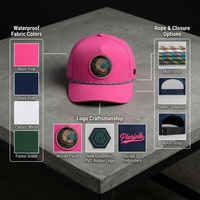 Casquette de baseball personnalisée à 5 panneaux avec logo en PVC caoutchouté, casquette de golf imperméable perforée au laser, chapeau de golf en polyester rose avec cordon