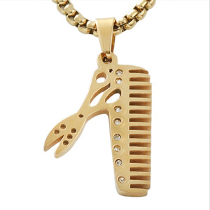 Collar para Hombre con Colgante de Tijeras y Peine de Acero Inoxidable, Diseño Geométrico Retro Punk, Engaste Pavé, Joyería de Moda - Product Image 2