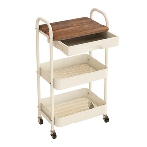 Carrito de Almacenamiento de 3 Niveles, Organizador Metálico con Ruedas y Superficie de Madera para Cocina u Oficina - Product Image 1