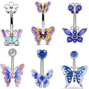 WANTI Double butterfly belly banana bar pearl Surgical Steel Belly ring Navel Button Ring wholesale Body Piercing Jewelry