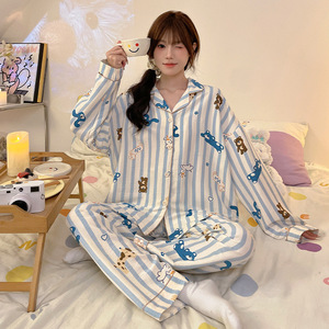 Pijama informal de primavera y otoño para mujer, conjunto de ropa para el hogar de poliéster estampado de manga larga, cintura elástica suave, talla XL para familias - Product Image 3
