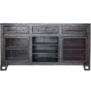 Industrial Solid Mango Wood Modern Dining Room Cabinet with 3 Drawers Mesh Doors Storage - Product Image 1