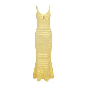 Knitwear Manufacturer Custom Spring Summer Yellow V Neck Sleeveless Women Beach Knitted Sweater Dress