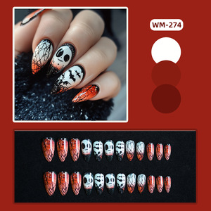 Faux <span class=keywords><strong>ongles</strong></span> à presser Halloween Crâne, forme amande moyenne, motif chauve-souris et toile d'araignée, ombré noir et <span class=keywords><strong>orange</strong></span>, en acrylique pour femmes - Product Image 4