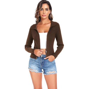 ZAFUL Women's Zip up Sweater Long Sleeve <strong>Polo</strong> V <strong>Neck</strong> Ribbed Knit Slim Cropped Sweater Pullover <strong>Jumper</strong> Tops - Product Image 1