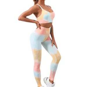 2024 seamless workout suit sport bra and full length yoga set tie dye yoga sets for women 2 piece fitness yoga wear