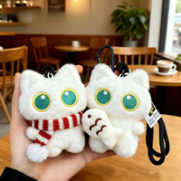Porte-clés en peluche chat blanc aux grands yeux avec écharpe rouge et blanche, breloque de sac en peluche douce, chaîne à billes pour sac à dos, cadeau