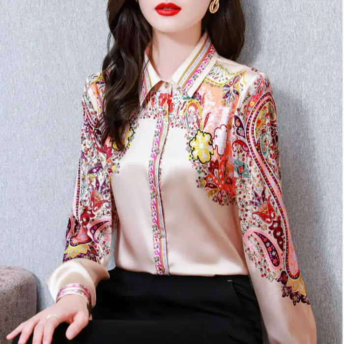 printing shirt lady spring design satin shirt retro temperament long-sleeved draped top shirts for women
