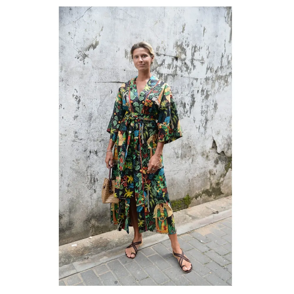 Venta al por mayor tendencia Kahlo imprimir mujeres vestido algodón mano bloque impreso cubierta baño playa moda diseñador batas kimono Kaftan Kleid